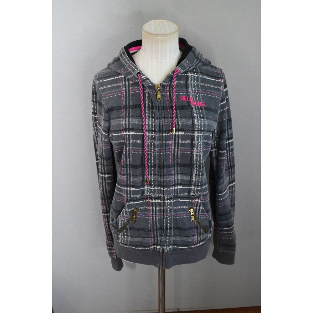 Billabong Hoodie Large Grey Plaid Pink Zip Up Sweatshirt Skater Girl Y2K Grunge